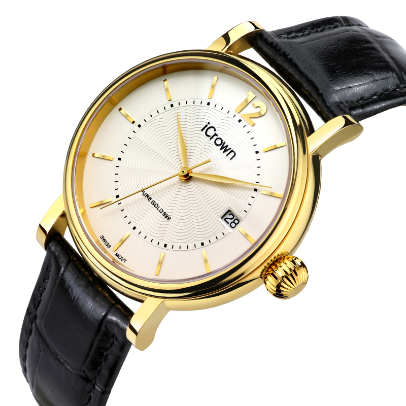 艾克朗icrown足金机械手表真皮防水潮流时尚经典简约手表